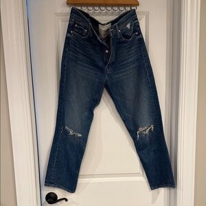 MOTHER Dark Blue Distressed Straight Leg Jeans